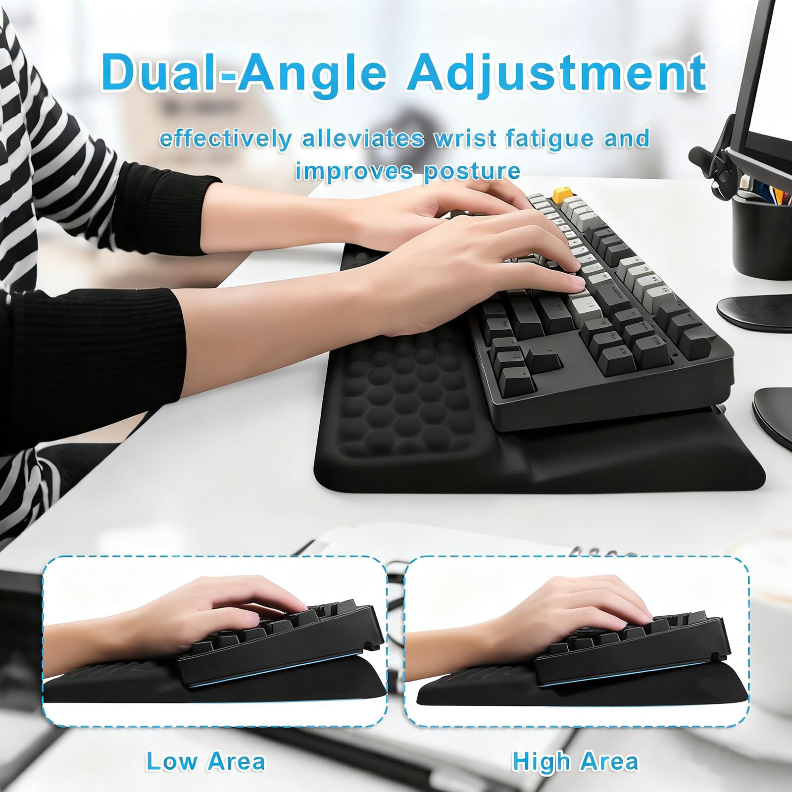 Soporte Teclado Ergonómico con Reposa Muñecas Integrado, 2 Ángulos Ajustables Antideslizante, Alivia Dolores Muñecas para Oficina Gaming Estudio