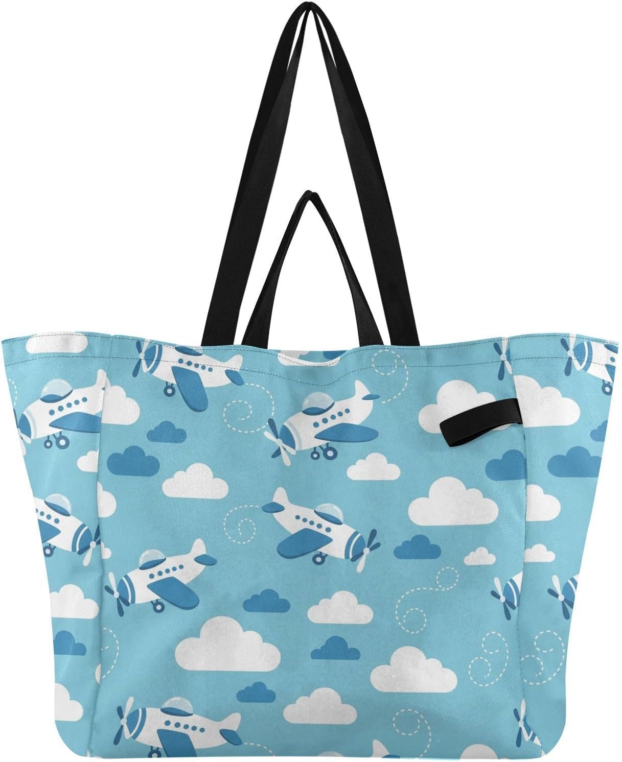 Sinestour Airplane Cloud Blue pattern Reusable Canvas Tote Bag, Heavy Duty Grocery Shopping Bag with Large Capacity Hard Bottom Double Handles Work Groceries Travel