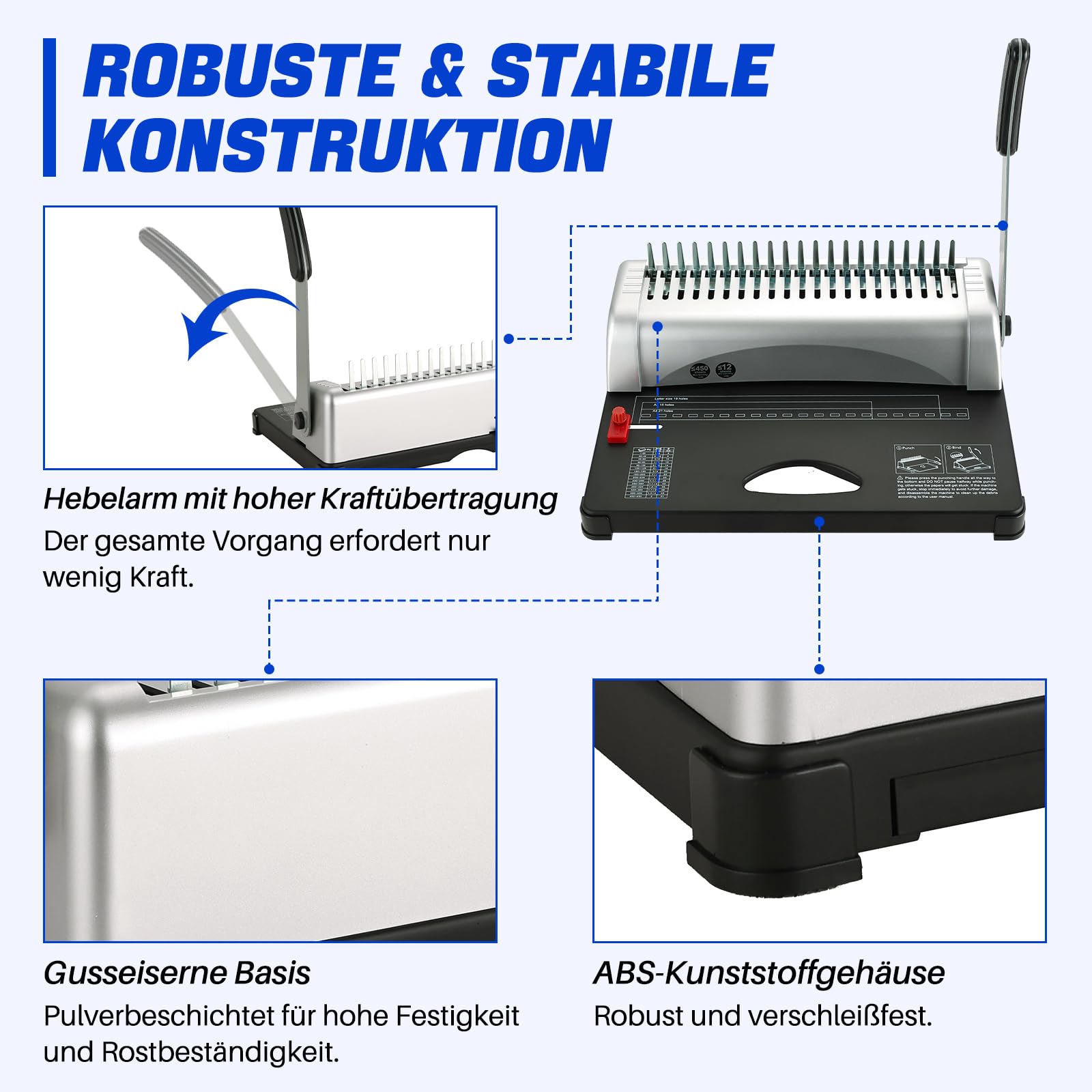 DASBET Kammbindemaschine 21 Löcher 450 Blatt Kammpapier Stanzbinder