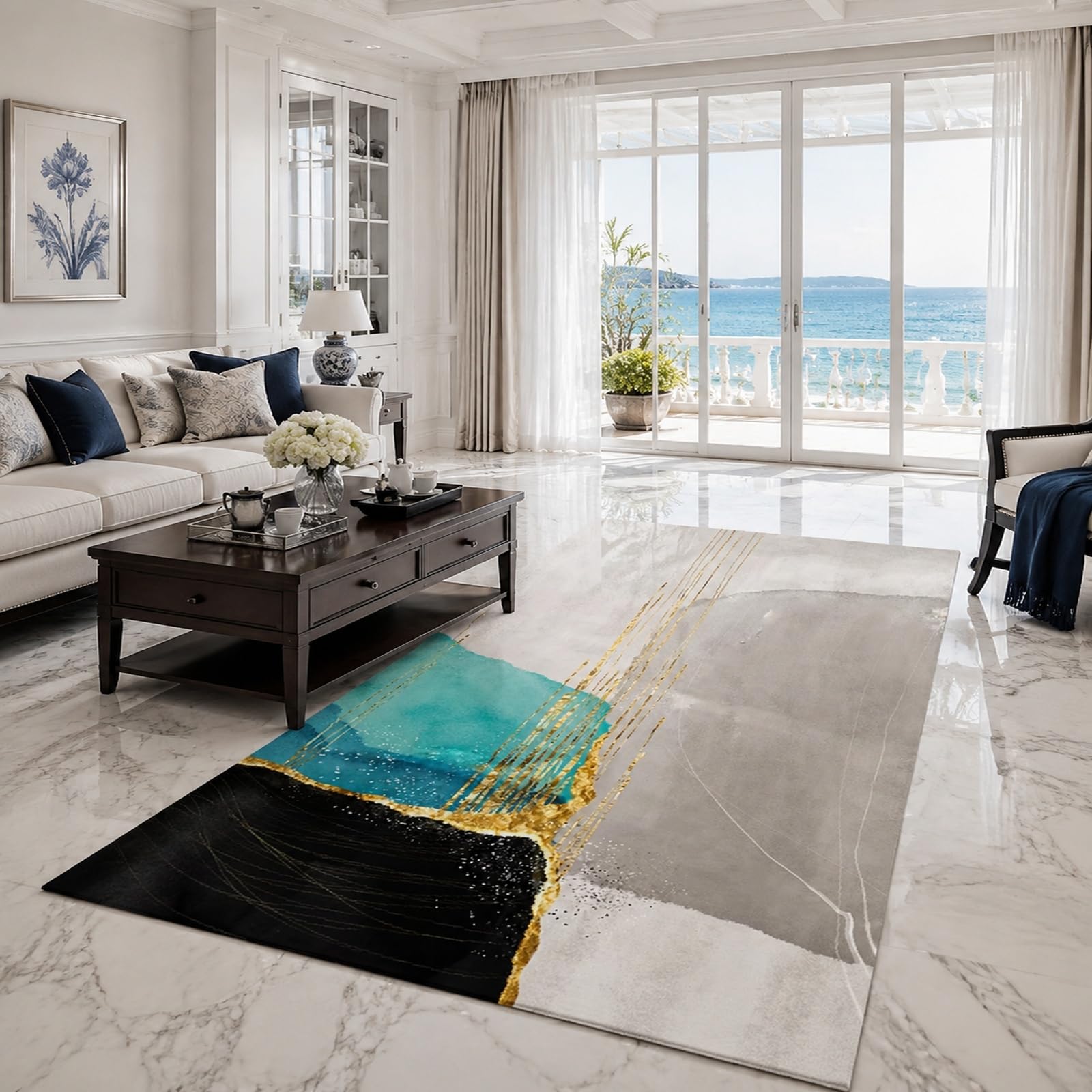 Tapis Chambre Adulte, 160 x 230 cm, Abstrait Moderne Jaune Bleu Noir Gris Blanc, Tapis Salon Salle a Manger Cuisine Décoration Maison Canapé Lit,