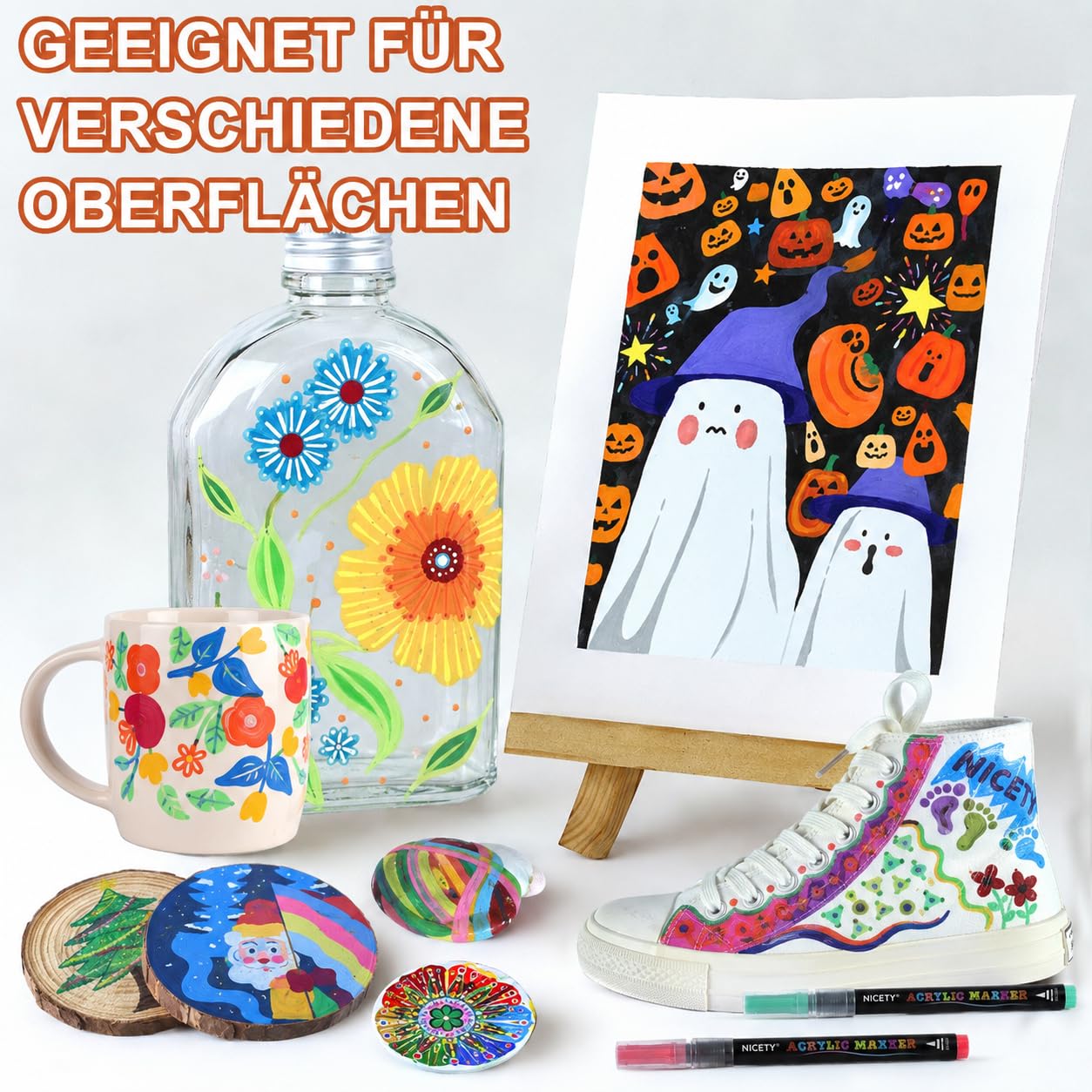 NICETY 180 Acrylstifte für Steine Wasserfest - Pinselspitze Acrylmarker für Steine, Holz, Stoff, Leinwand, Glas, Keramik, 1-6mm Multimarker Acrylfarben Marker Set