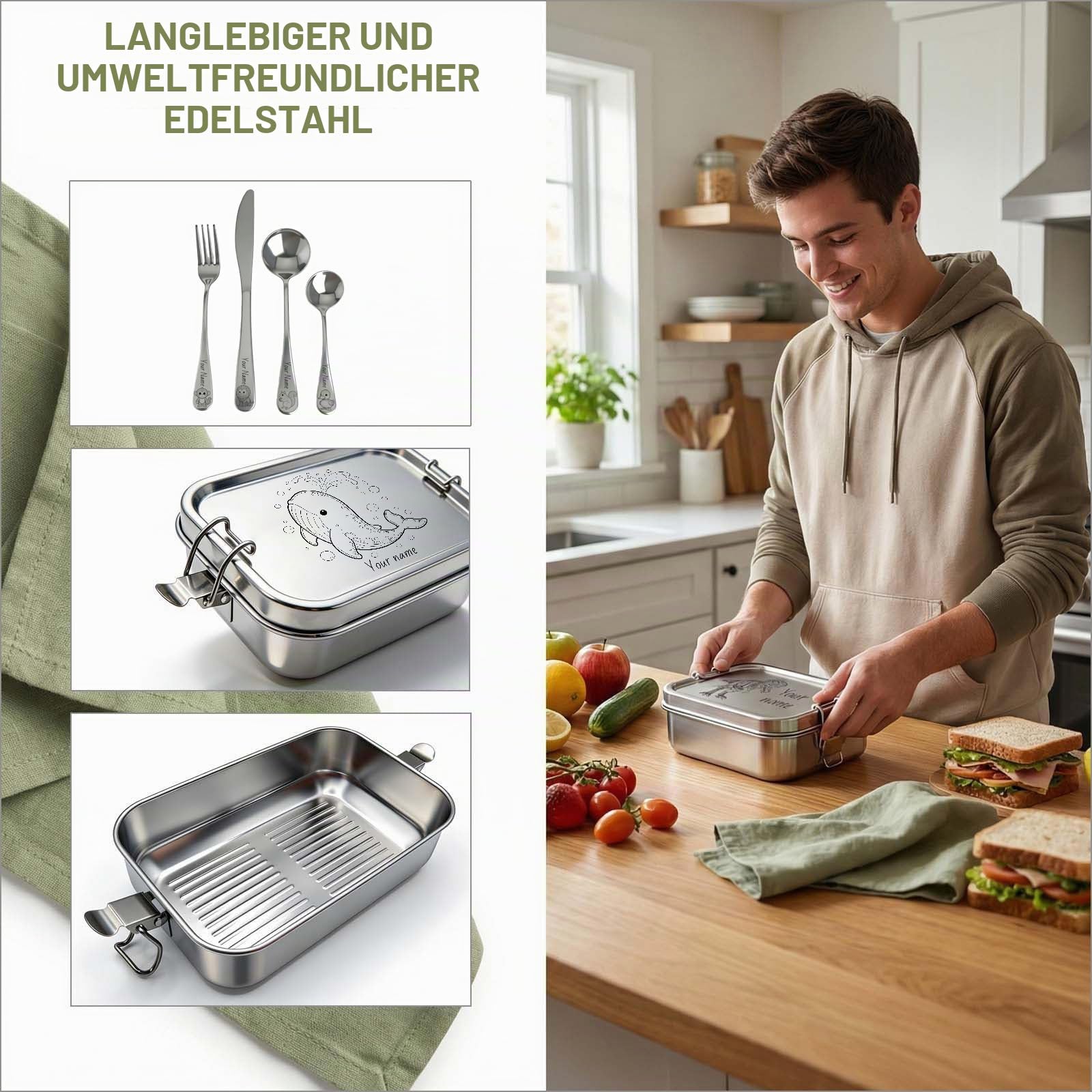 Personalisierte Edelstahl Brotdose Optional Fächern, mit 4-teilig Edelstahl Besteck, 700ml/1000ml/1650ml, Laserdruck mit Namen/Foto, Auslaufsichere Lunchbox für Kinder & Erwachsene, Bento Box(1650ML)
