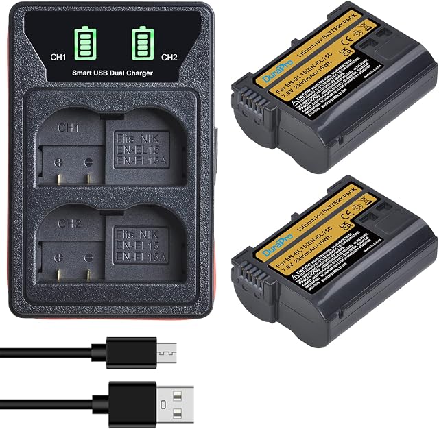 DuraPro 2Pcs EN-EL15 EN-EL15C Battery + LED Dual USB Charger with Type C Port for Nikon EN-EL15 EN-EL15A Nikon Z6, Z7, D850, D810, D810A, D800, D800E, D7500, D7200, D7100, D7000, D750D810 Cameras