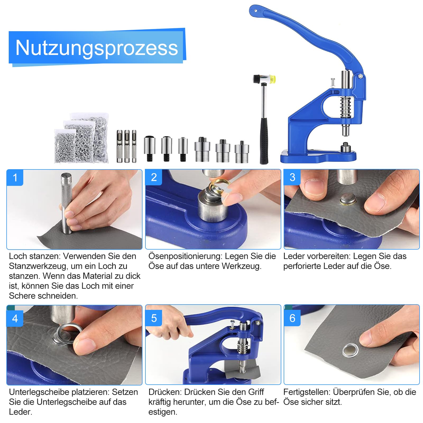 Topsky Multifunktionales Ösenpresse Handpresse Set mit Hammer: 3 Stempelsätze und 1500 Ösen (6/10/12 mm) inklusive – Perfekt für Ösen, Druckknöpfe und mehr – Ihre All-in-One Werkzeuglösung