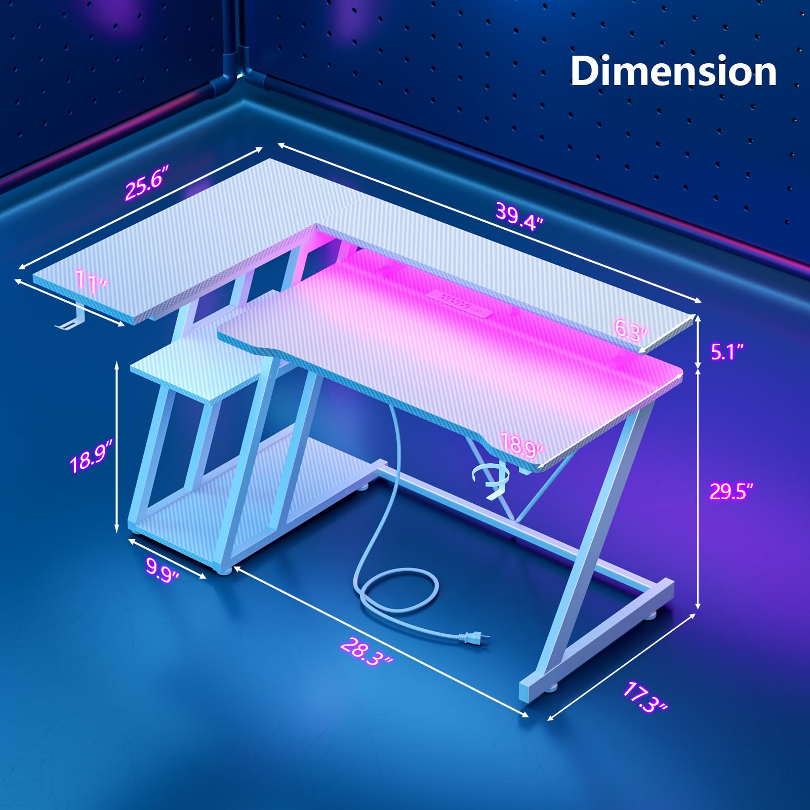 Escritorio para juegos de 39 pulgadas con toma de corriente y luces LED, mesa de juegos para computadora en forma de L con estantes de almacenamiento de 3 niveles, escritorio de esquina para jugadores