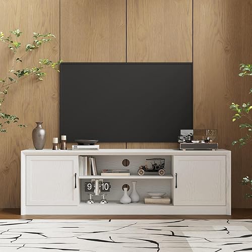 FUFU&GAGA Soporte de TV para televisores de hasta 65 pulgadas, moderna mesa consola de madera con 2 puertas y 2 estantes abiertos, asas de metal,