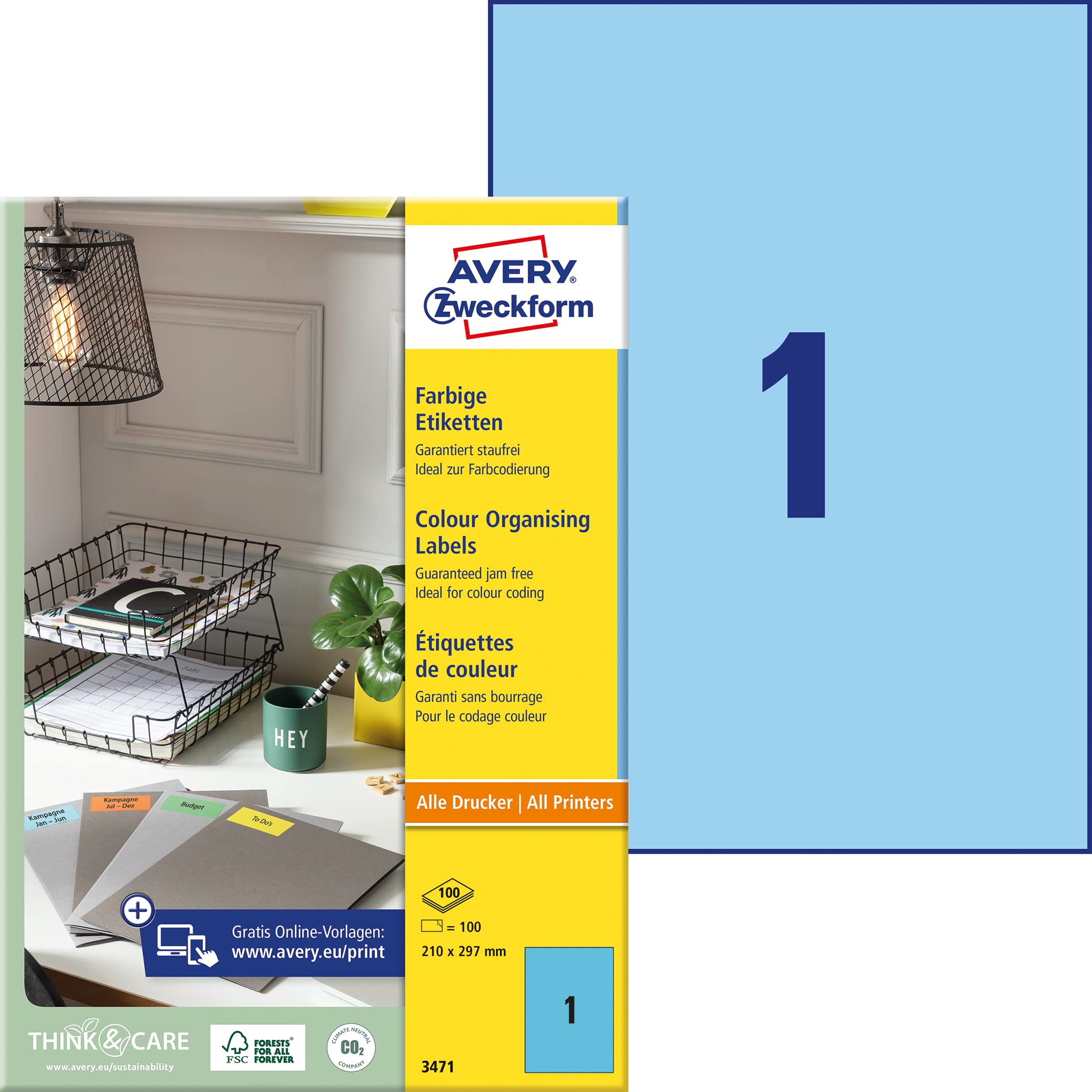 AVERY Zweckform Blue Labels, 210 x 297 mm - 100 Self-Adhesive Printer Labels (Blue, A4, Laser/Inkjet, Permanent)