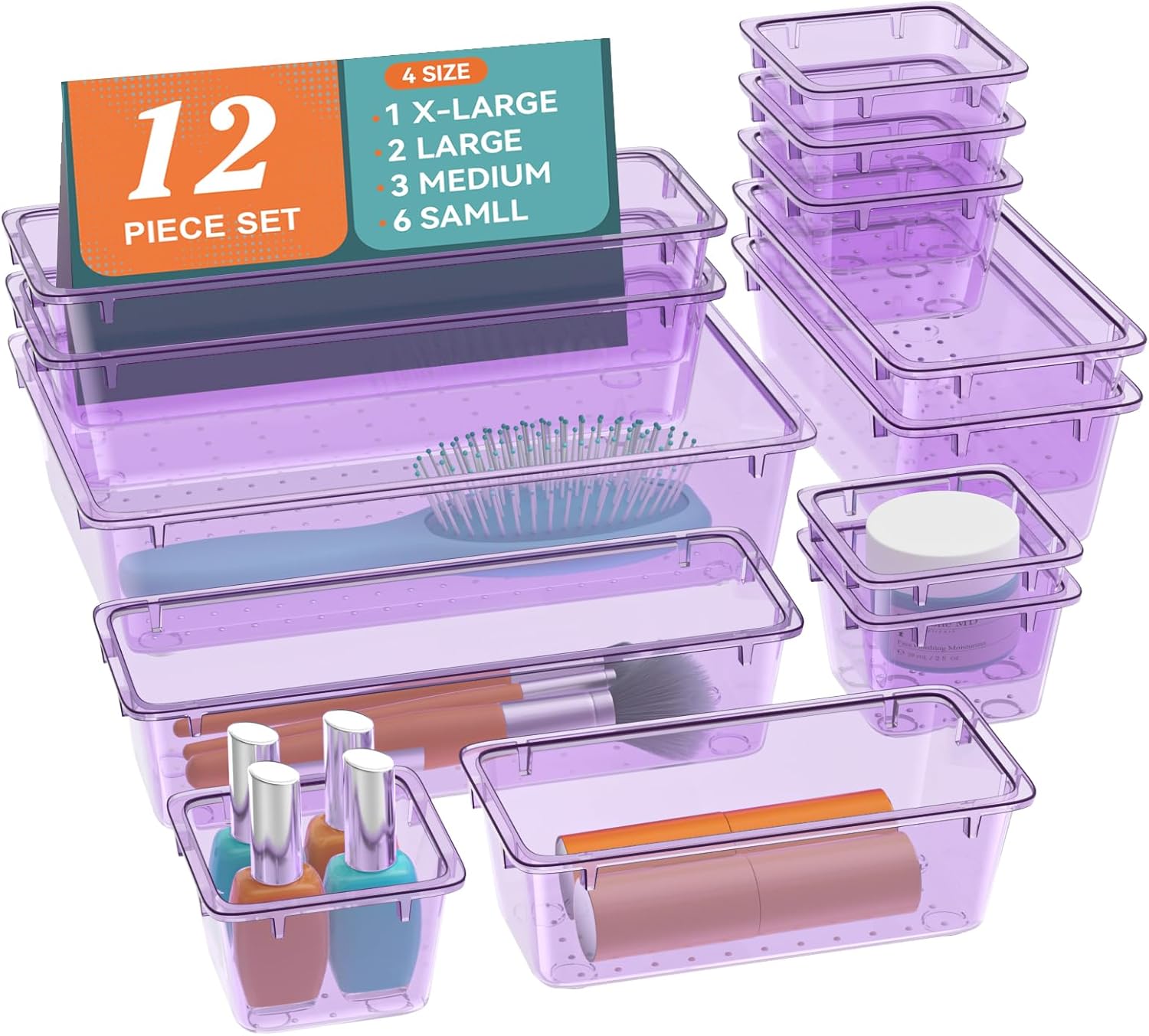 ElegantArray 12-Piece Drawer Organizer Set, 4 Sizes Versatile Plastic Vanity Organizer for Makeup, Stationery, Gadgets, in Kitchen, Bathroom, Office, and Bedroom, Purple