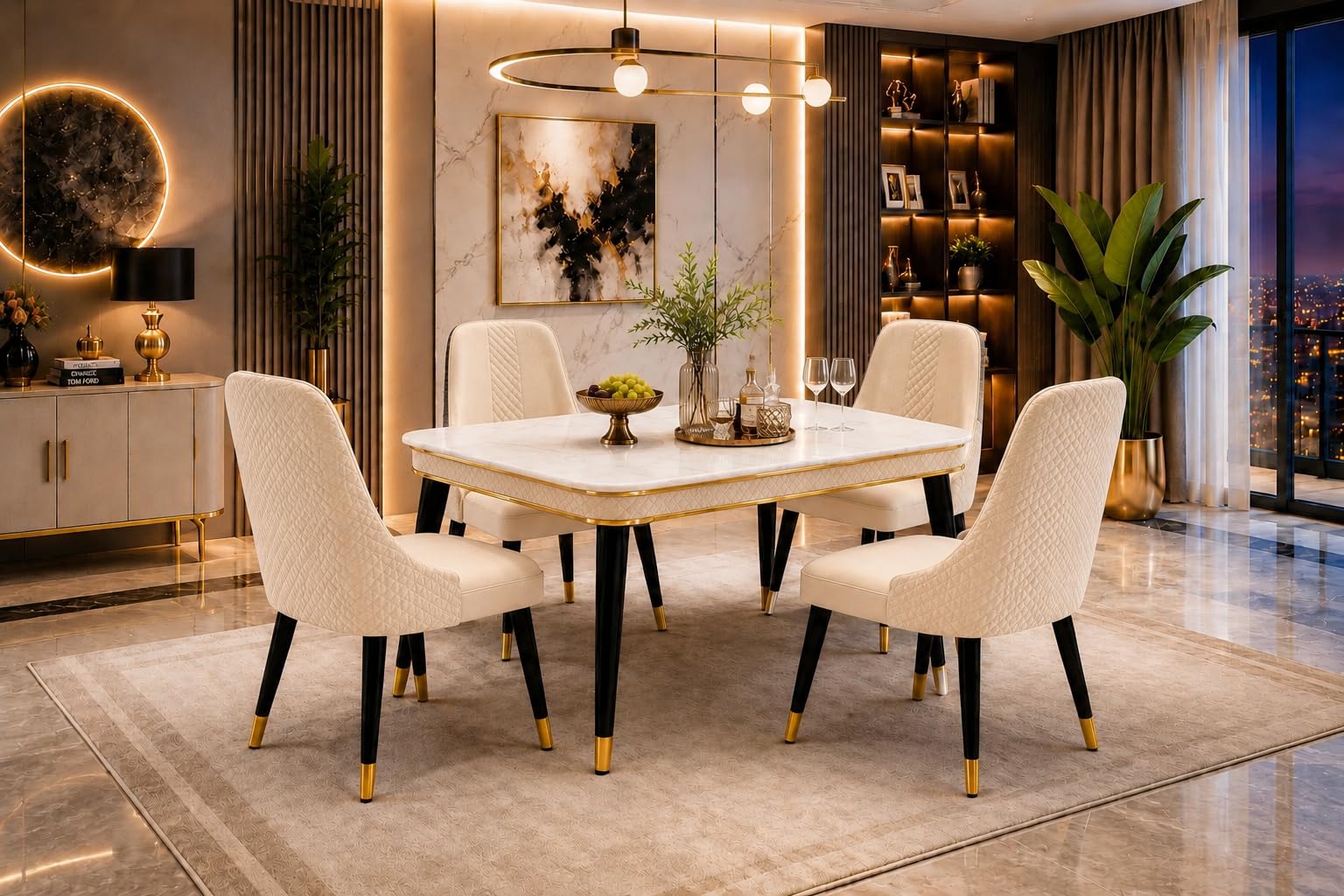 Majestic 4 Seater Wooden Dining Table Set | Urban Marble Top Dining Table with Chairs for Dining Room & Kitchen (Cream)-image-9
