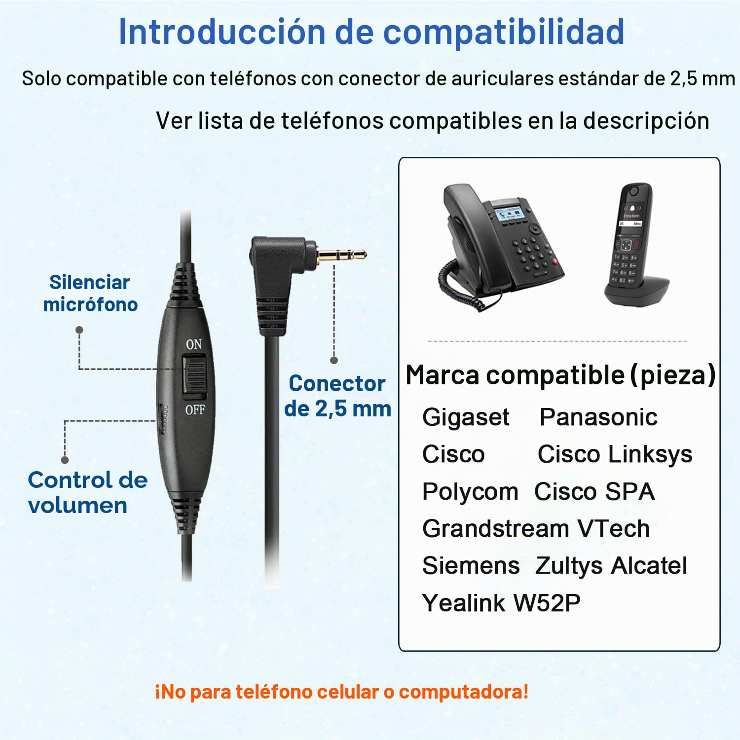 Callez Auriculares Teléfono Fijo Inalámbrico Mono, Micrófono con Cancelación de Ruido, Cascos 2,5 mm con Control de Volumen para Panasonic Siemens Gigaset C430 Polycom Cisco Teléfonos DECT