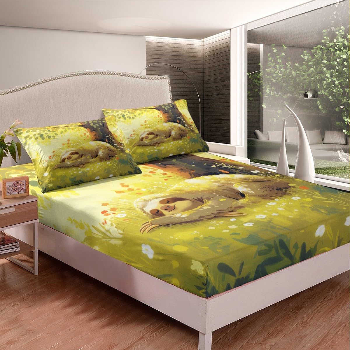Erosebridal Cute Sloth Bed Sheets 3D Cartoon Sloth Fitted Sheet Full Size, Jungle Woodland Animal Bedding Botanical Plants Sheet, Tree Branches Leaves Bed Cover (Deep Pocket)