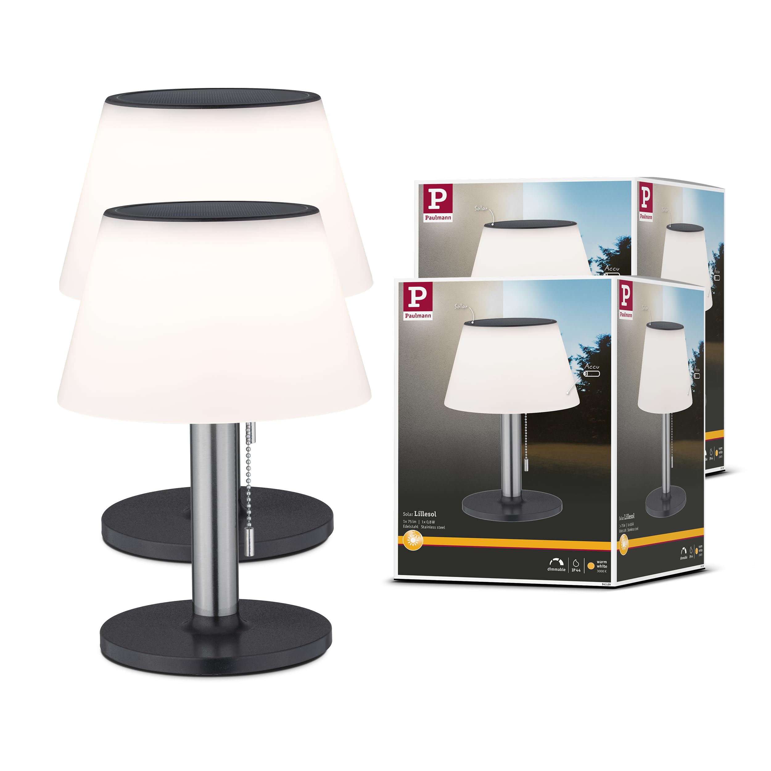 Paulmann 5220 Set Solar LED Tischleuchte Lillesol 2er-Set IP44 3000K 2x45lm Edelstahl