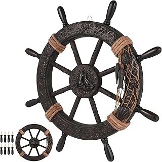 Angoily Ship Wheel Wall Decor, Nautical Wall Art, Beach House Decor, 17.7 Inch Mediterranean Wooden Steering Ornament for Lake Home, Bathroom, Office, Coastal Theme Sculpture
