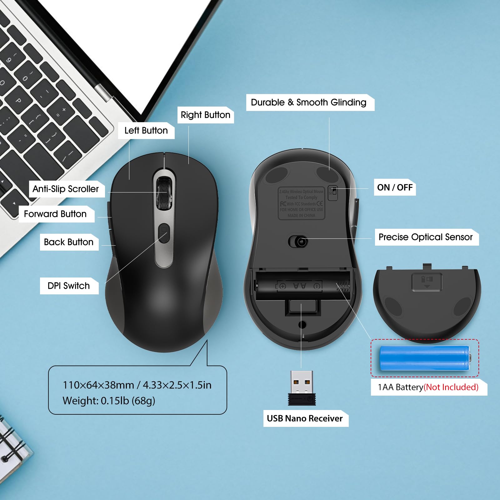 Mouse inalámbrico para laptop, PC, Chromebook, Mac, MacBook, mouse inalámbrico silencioso con receptor USB nano, botón lateral, 2400 DPI, rodillo antideslizante, mouse ergonómico de 6 botones, color 9