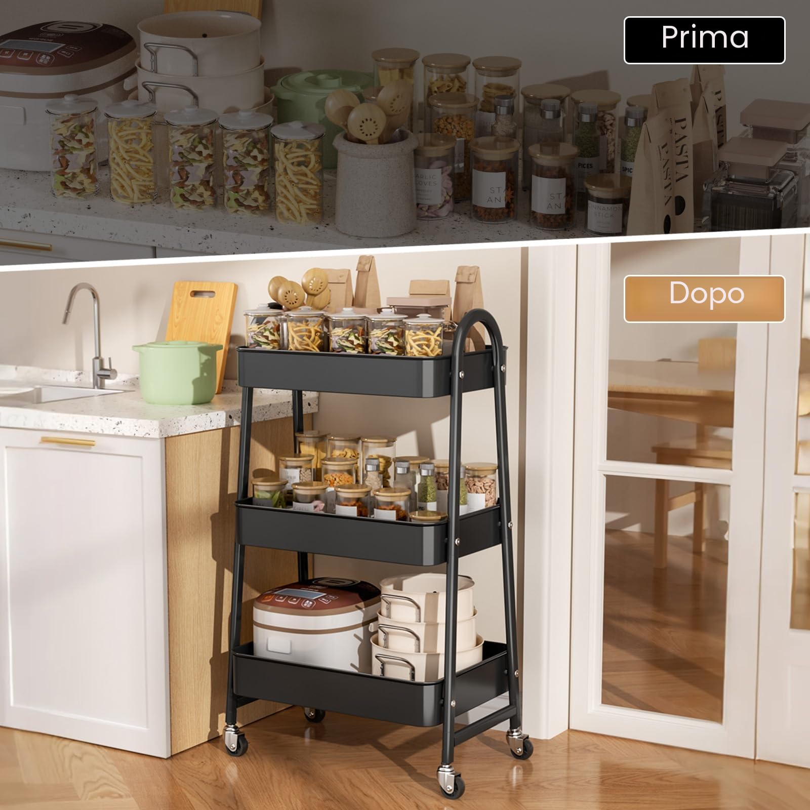 Carrello Multiuso Metallo a 3 Livelli con Ruote - Carrello Portaoggetti Carrello da Cucina Salvaspazio in Bagno, Ufficio, Nero