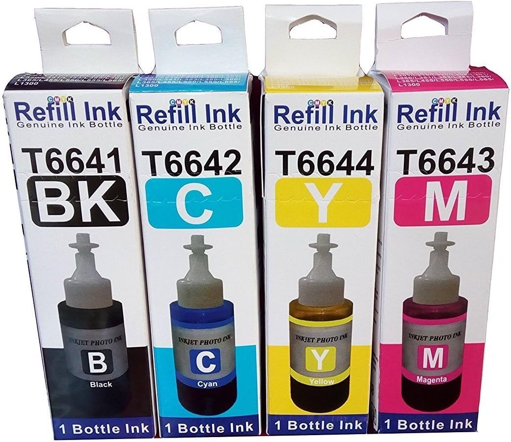 Flowjet Compatible Refill Ink for Epson T664, L110 L130 L210 L220 l300 l310 l350 l355 l353 l355 l360 l361 l365 l380 l385 l405 l485 l550 l Set of 4 Multicolor Color
