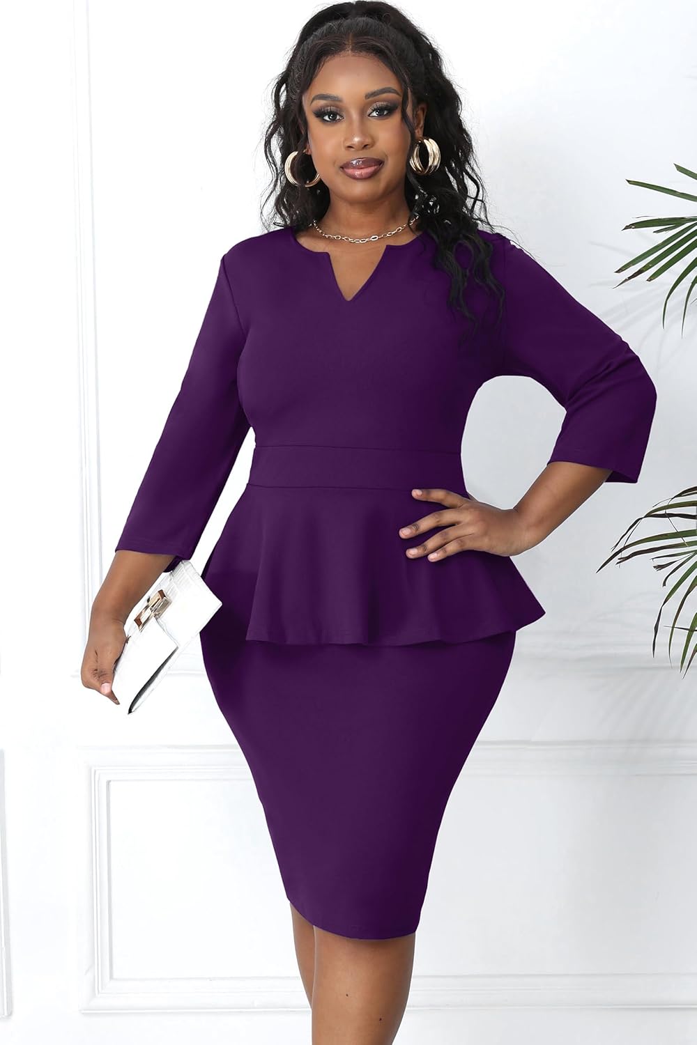 Runwind Plus Size Dresses for Curvy Women, Work Church Professional Office Vintage Peplum Pencil Dress V Neck 3/4 Sleeve - Image 2