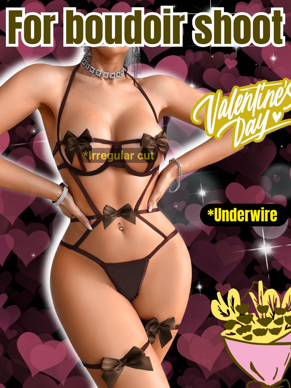 Kaei&Shi Womens Bow Lingerie Sets With Garter,Cutout Underwire Bodysuit Teddy: Coffee Brown Small