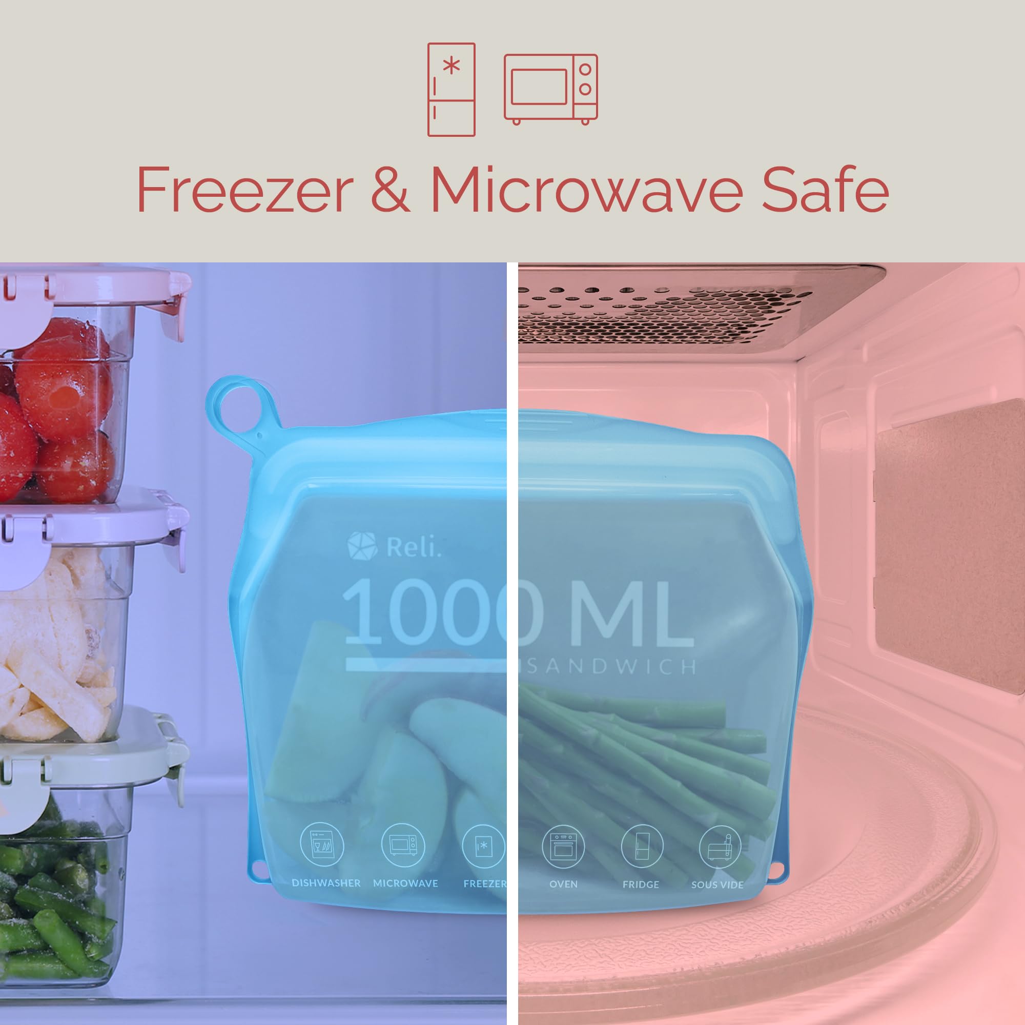 Reli. Sacchetti riutilizzabili in silicone (confezione da 2) | Sandwich (1000 ml), Aqua | Sacchetti in silicone per la conservazione degli alimenti | Sacchetti riutilizzabili per alimenti,