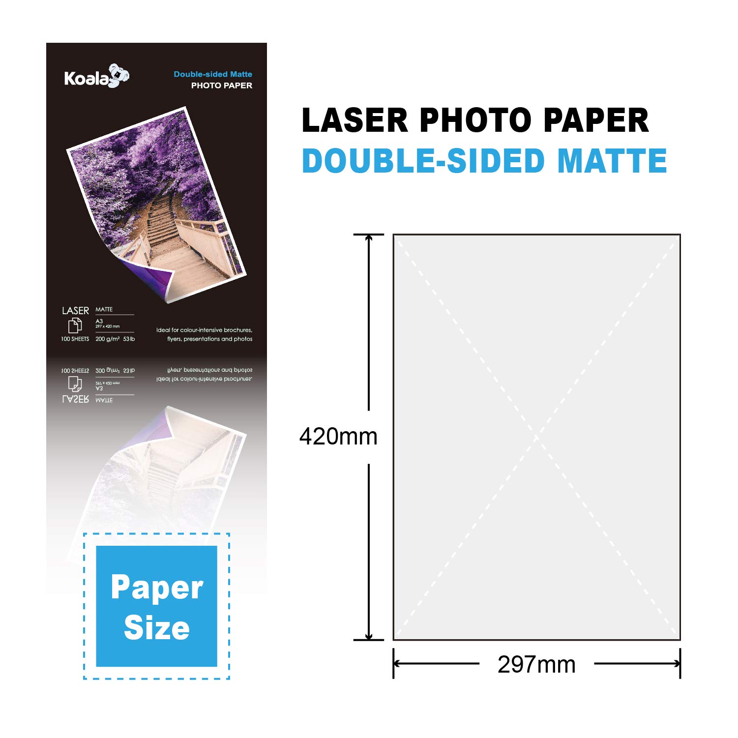 KOALA Papier Photo Double Face Mat pour imprimante LASER, A3, 200 g/m², 100 feuilles. Convient pour l'impression de Photos, Brochures, Certificats, Livrets, Flyers, Dépliants, Calendriers, Cartes