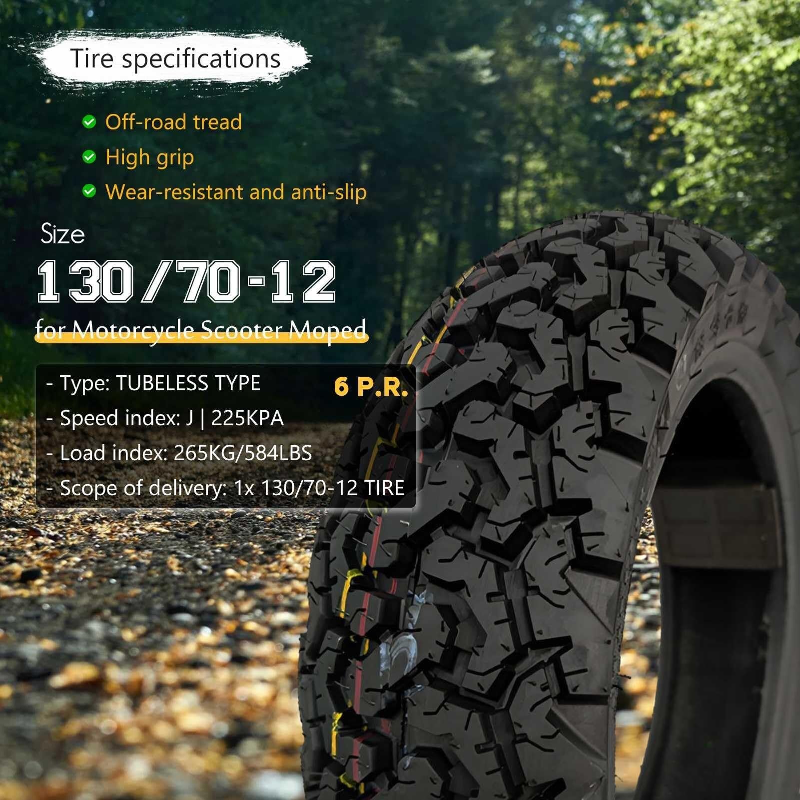 130/70-12 Opona Bezwewnątrzowa 6 PR 62J, Maksymalne Ciśnienie 280 kPa Profil Blokowy Odporny na Przebicia i Pęknięcia dla Motocykla i Skutera Przedni Lub Tylny Felga 12 Cali