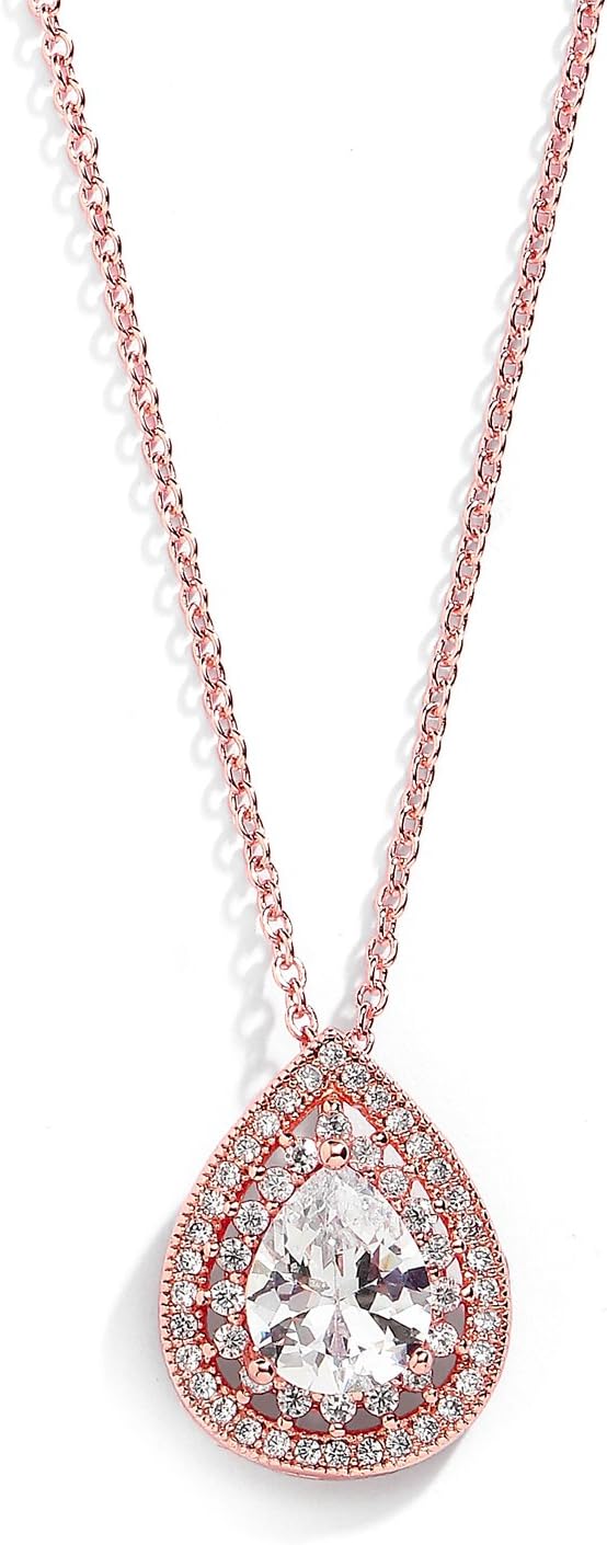 Mariell Pear-Shaped Solitaire Pendant Necklace for Brides, Bold ¾ CZ Crystal Drop, 14K Rose Gold Plated Wedding Bridal Jewelry for Weddings, Mother to the Bride