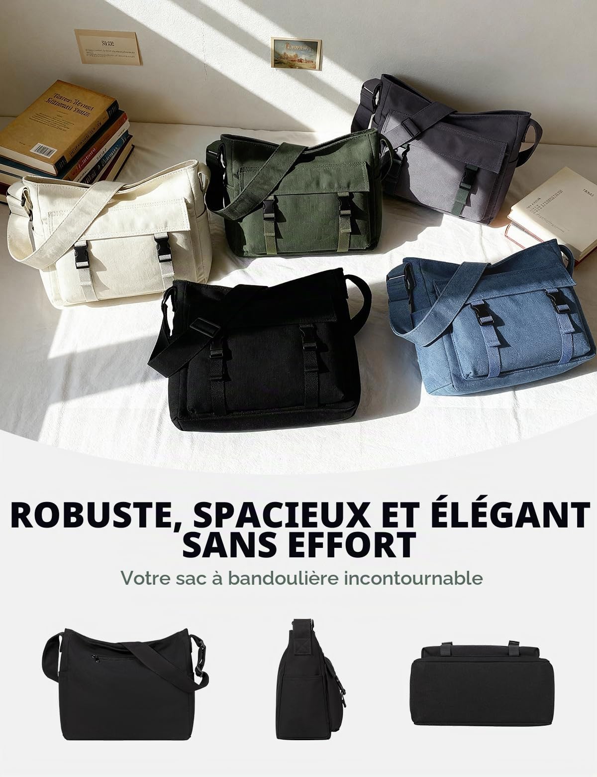 VASCHY Sac Bandoulière Femme, Grande Léger Poches Multiples Sacoche Messager en Toile Adolescent Sac à Main Besace pour Travail École Voyage Loisir