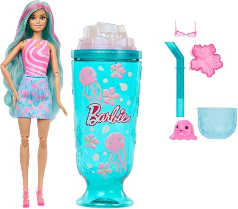 Barbie Pop Reveal Bebek ve Aksesuarlar, Deniz Esintili İçecek Serisi bebek ve evcil hayvan, duyusal gelişime yardımcı slime ve renk değiştiren saçlar gibi 8 sürpriz, JKF62
