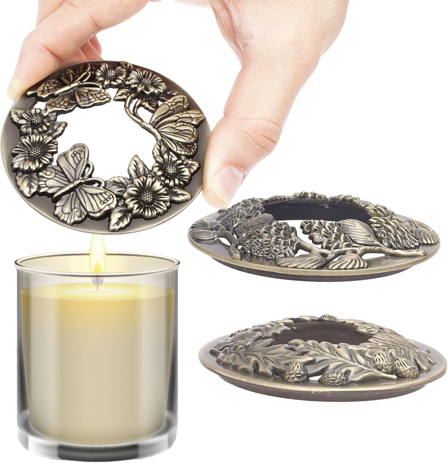 3Pcs Antique Bronze Metal Candle Topper Zinc Alloy Decorative Scented Candle Lid for Bedroom Living Room Office Study