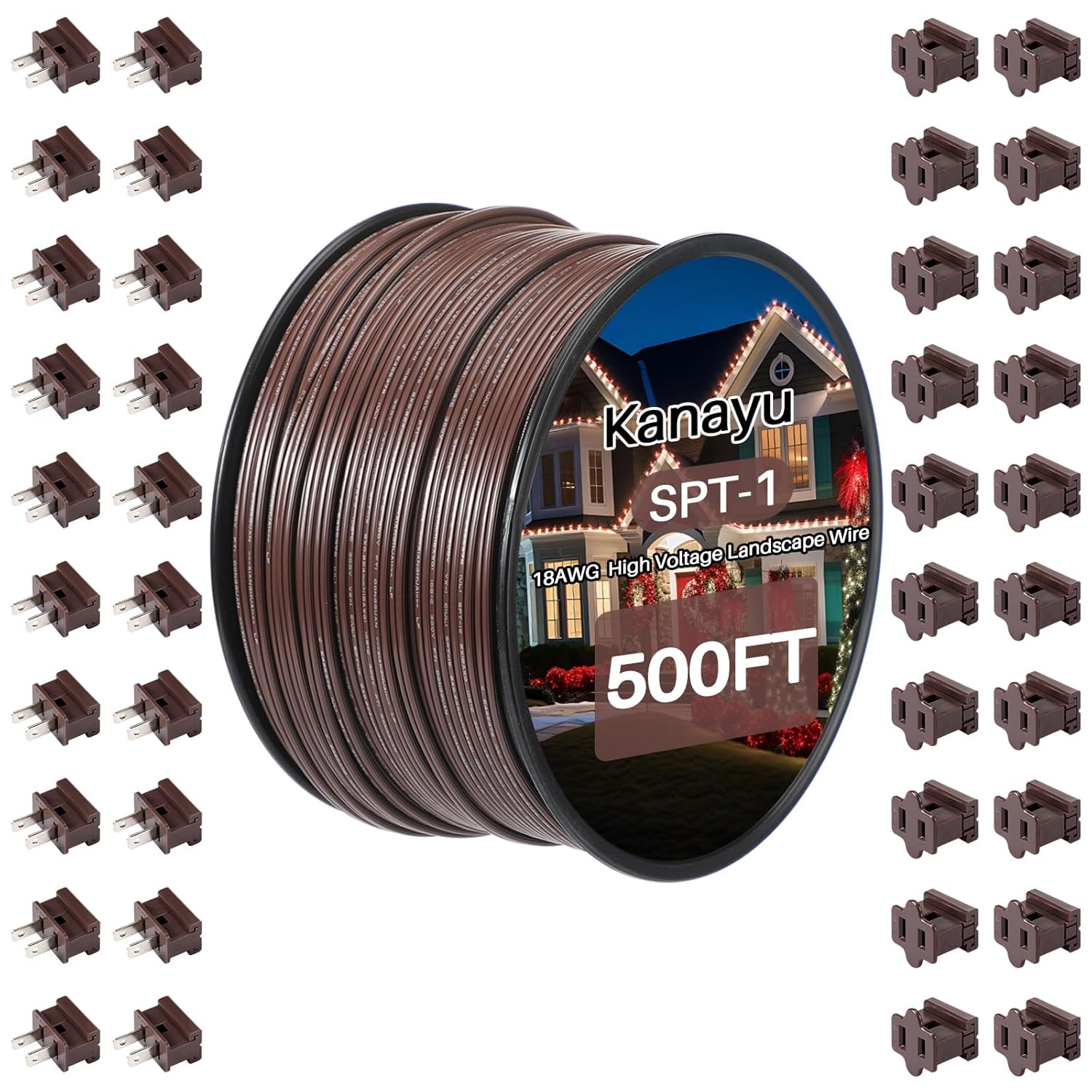 Kanayu 500ft SPT-1 High Voltage Landscape Wire 18 Awg 10 Amps Outdoor Electrical Extension Cord Wire Bulk Blank Spool Zip with 40 Male Female Plug for Light Lamp Lights(Brown)