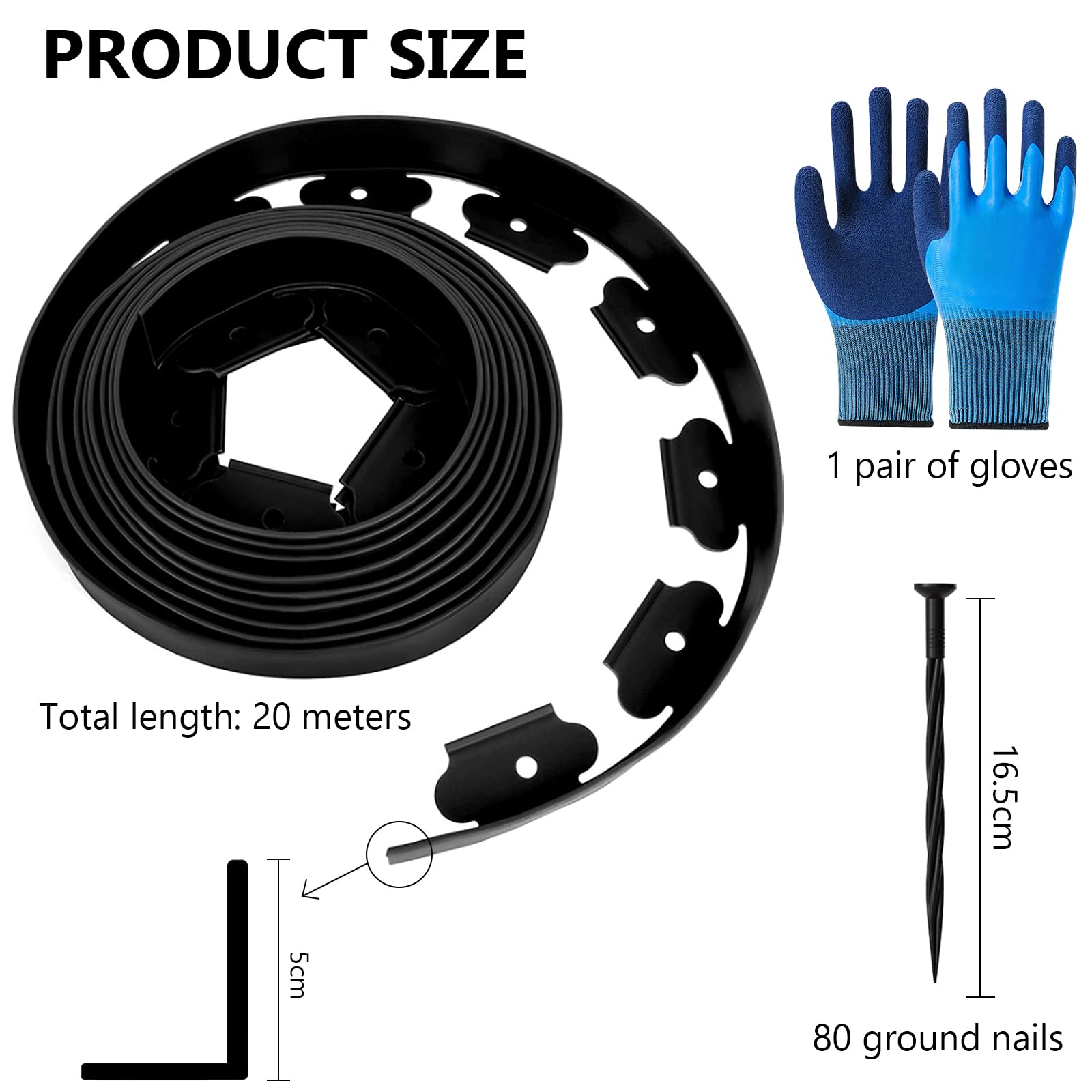 Flexible Rasenkante aus Kunststoff Länge 20m Höhe 5cm, mit 80 Erdanker + 1 Paar Handschuhe, Schwarz
