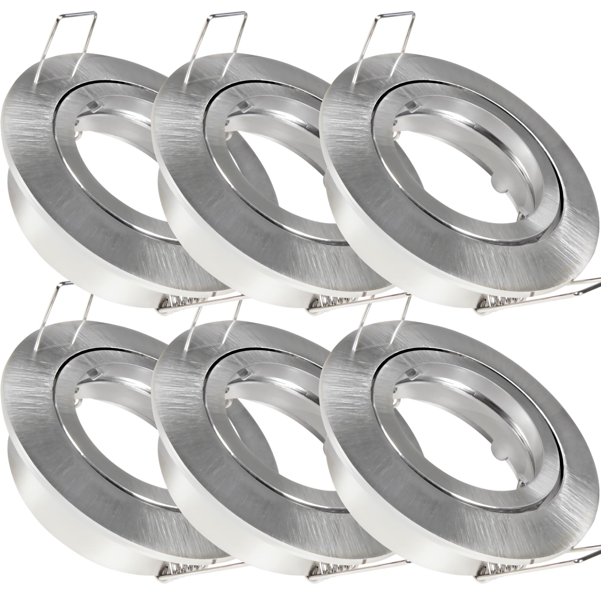 6er Set LED o. Halogen Einbaustrahler Timo für 12V und 230Volt Farbe: Edelstahl gebürstet (ohne Leuchtmittel) inkl. 230Volt GU10 und 12Volt MR16 Fassung. Spot Rund für Lochausschnitte von 68-76 mm.