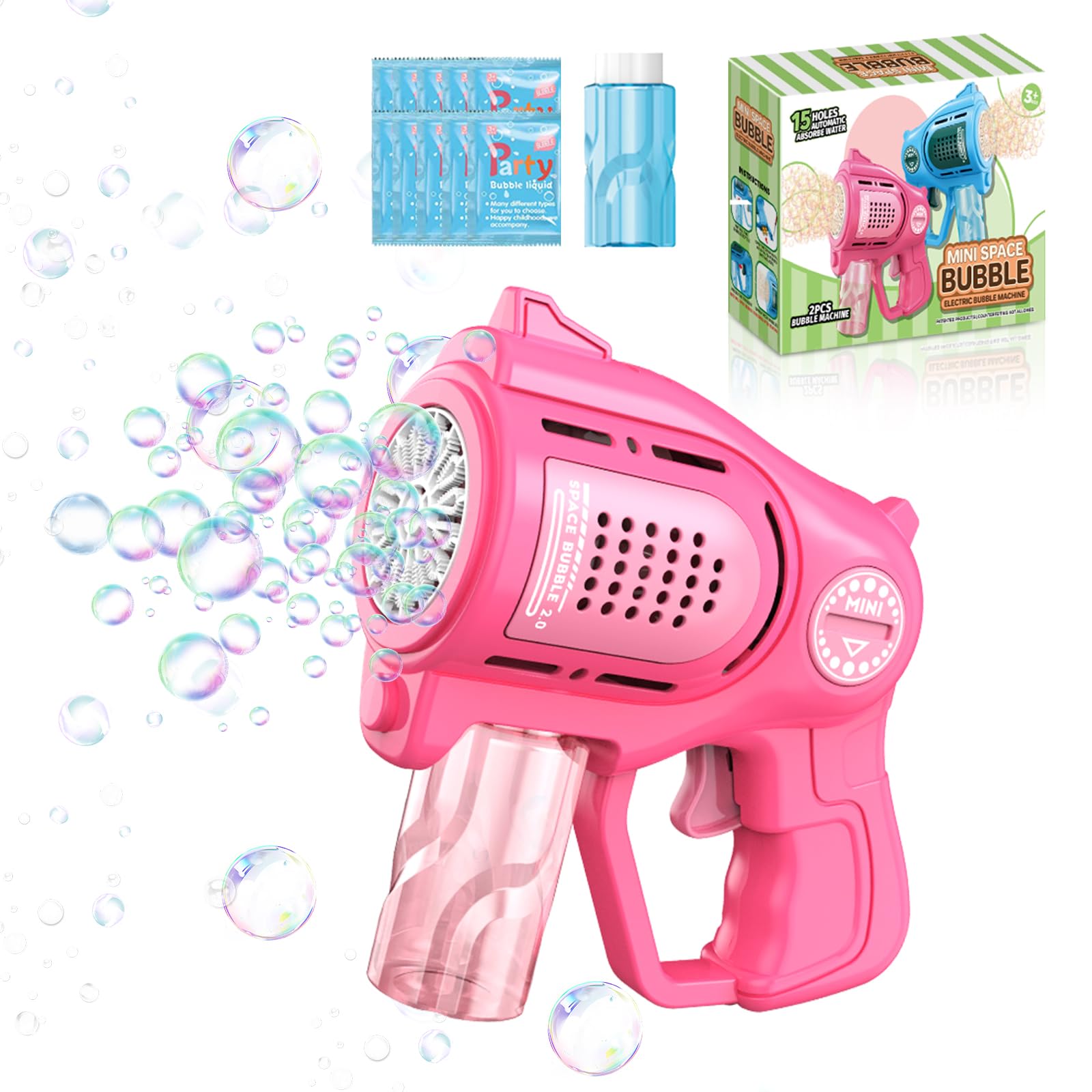 Seifenblasenpistole für Kinder, Automatische Seifenblasenmaschine mit 2 Seifenblasen Nachfüll-Lösung, Hochzeit Party Sommer Outdoor-Aktivität Geburtstagsgeschenk