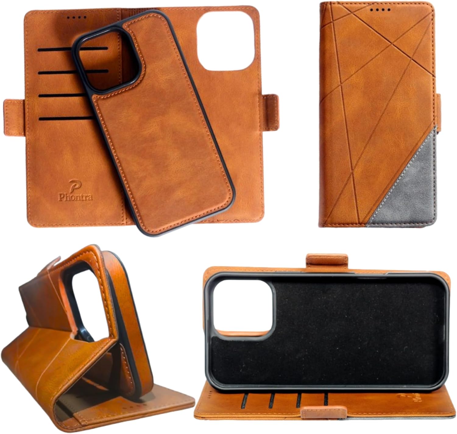 EMF Protection Anti Radiation Cell Phone Wallet Case for iPhone, EMF Blocker Genuine Leather Flip Folio Phone Cover, RFID Blocking Card Holder, MagSafe Case Wallet (Brown/Gray, iPhone 16)