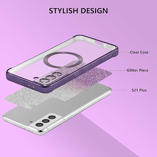 Miniatura 3 de ZTOFERA Funda magnética transparente para Samsung Galaxy S21 Plus 5G con purpurina degradada (2 en 1), chapado de lujo, bonita funda protectora de