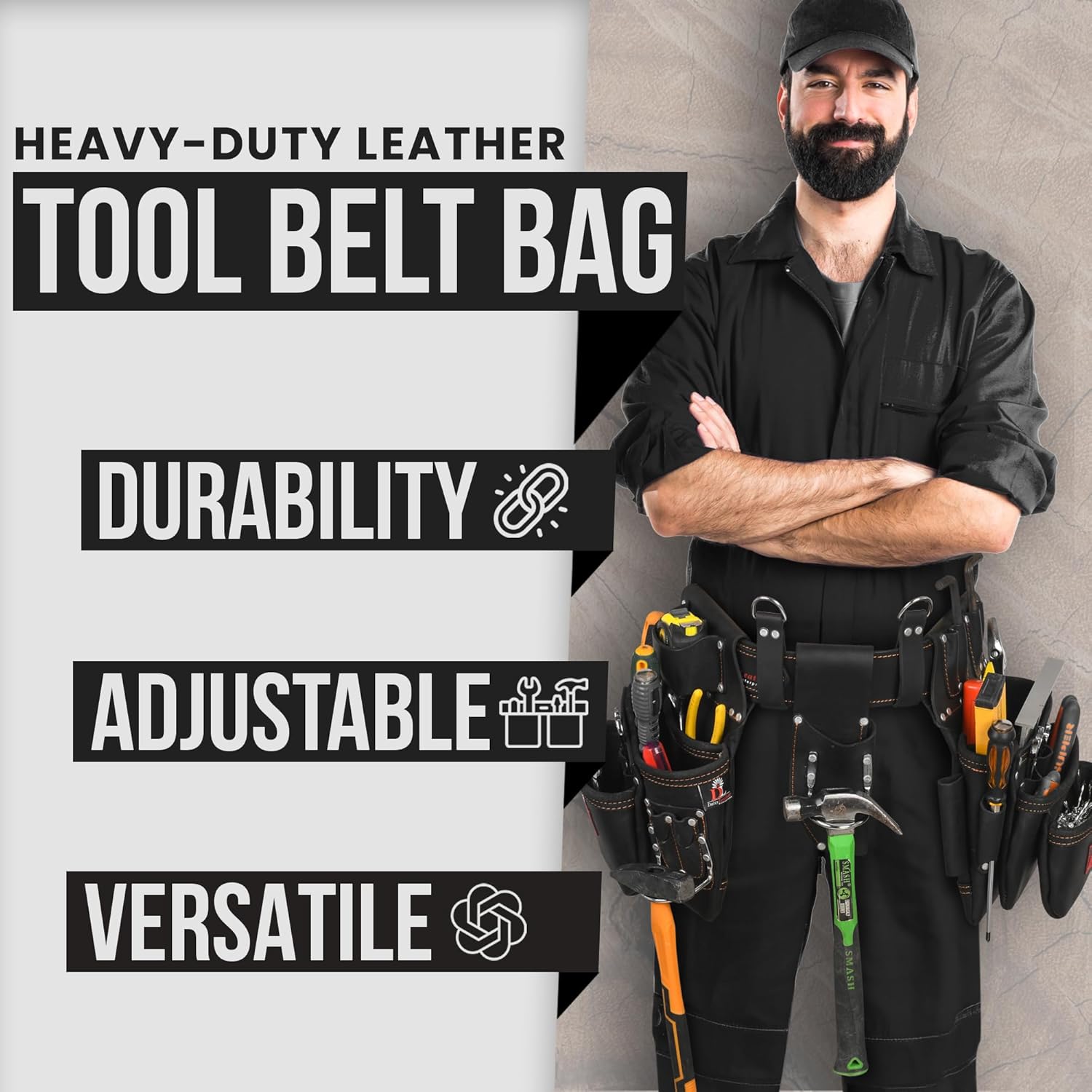 Daisy Leather PRO DL-101 Oil tanned Premium 25 pockets Heavy duty Tool Belt, Carpenter belt Pouch for Construction, Carpenter, Craftsman and Electricians workers, Black, X-Large - Image 2