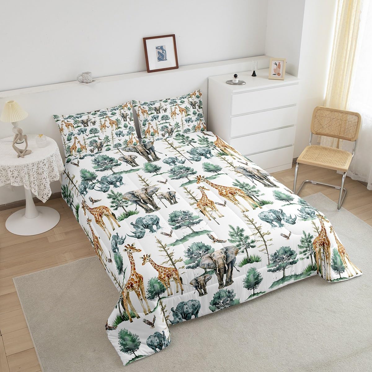 Feelyou Giraffe Elephant Comforter Set Full Size, Cartoon Animal Comforter for Kids Toddler African Safari Bedding Set Jungle Animal Duvet Set Zoo Animals Kids Durable Durable Bed Set 3Pcs