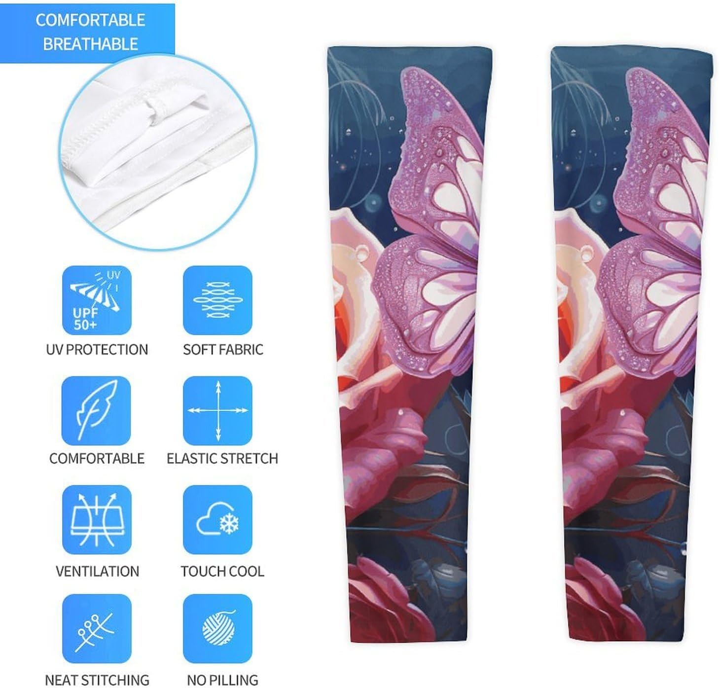 Rose And Butterfly Arm Sleeves for Men Women Sun Protection Sleeves Cooling Compression Arm Covers for Sport