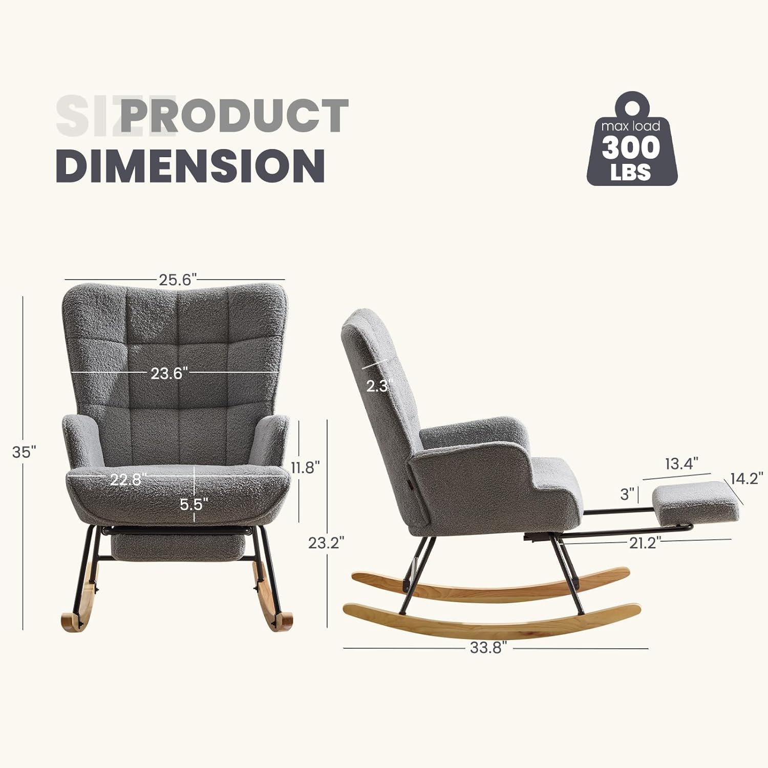 Furniliving Nursery Rocking Chair Upholstered Glider Rocking Chair Modern Accent Chair with Retractable Footrest Reading Chair with High Backrest Comfy Chair for Living Room, Grey, Teddy