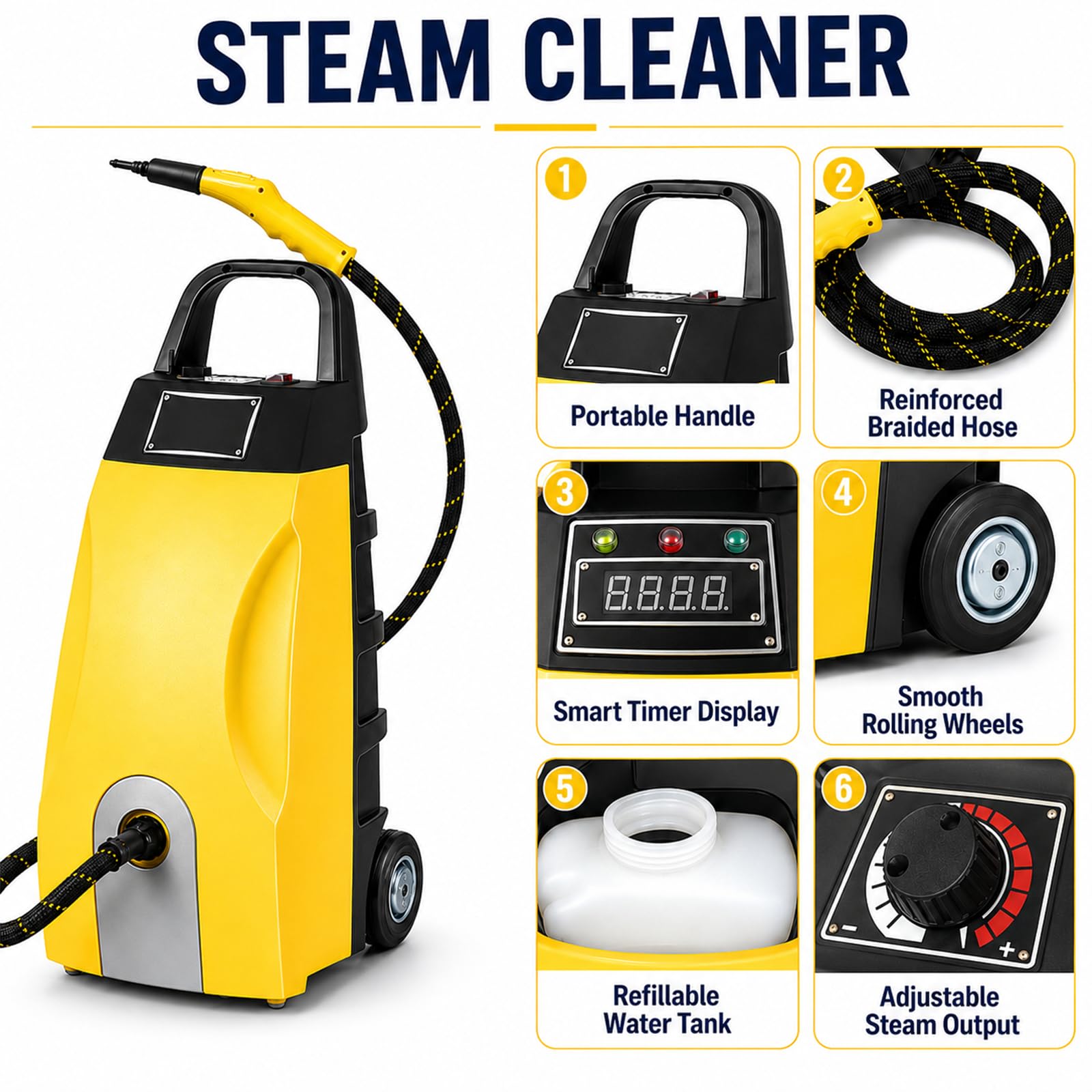 Limpiador a Vapor Industrial 3000W Alta Presión, 3,5L Yellow | Gran Depósito y Salida Regulable para Motor, Restaurantes, Equipos, Suelos Duros, Azulejos, Talleres y Uso Profesional