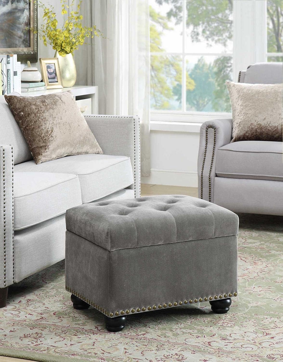 Convenience Concepts Designs4Comfort 5th Avenue Storage Ottoman 24" - Contemporary Foot Stool and Seat with Hinged Lid for Living Room, Dining Room, Office, Den, Gray Velvet