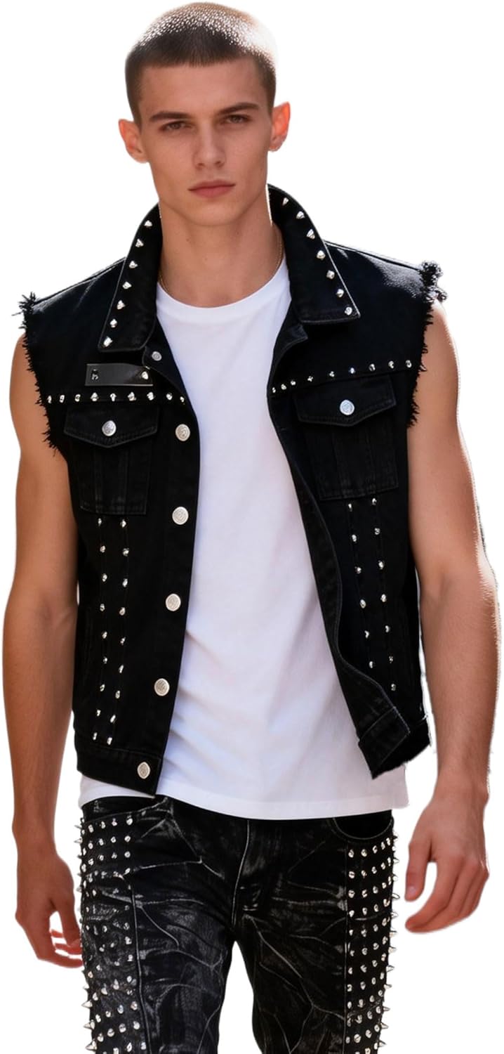 Idopy Men`s Retro Gothic Punk Studded Denim Jeans Vest Sleeveless Jacket With Rivet