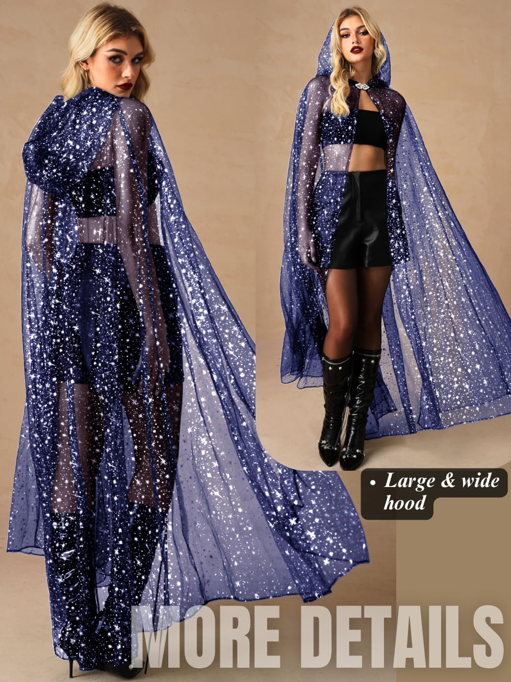 Kaei&Shi Star Tulle Cape,Long Sheer Hooded Cloak Gothic Witch Costume,Celestial Dress For Women Halloween Wedding