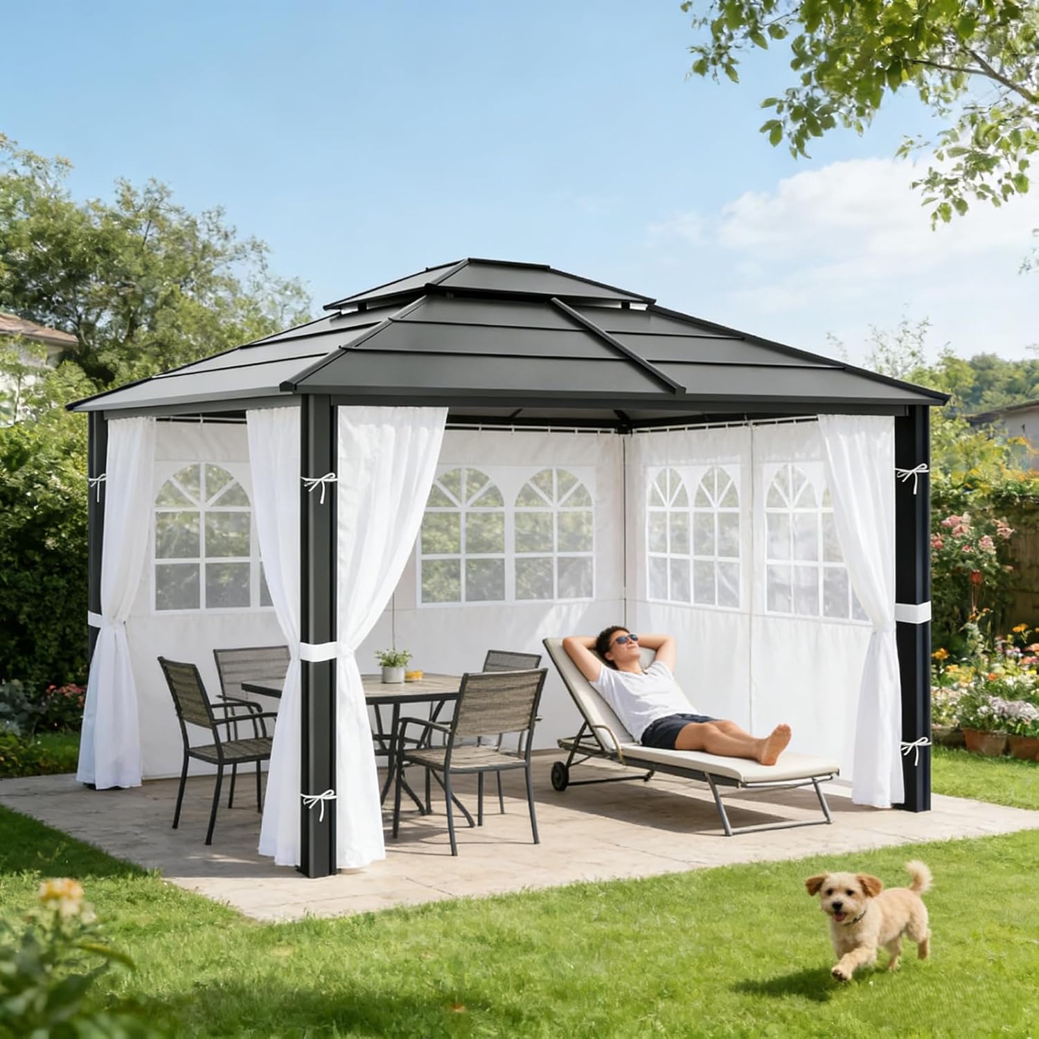 10'x12' Gazebo Curtains Outdoor Waterproof with PVC Windows, 4-Panel Sidewalls Universal Replacement Privacy Curtain, Outdoor Curtains for Patio, Backyard (White)