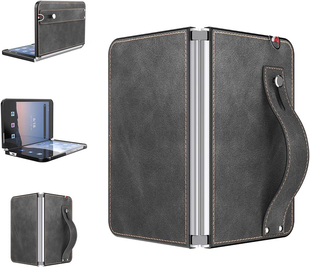 Foluu for Microsoft Surface Duo Case, Surface Duo Leather Case 2020, [Slim & Lightweight] PU Leather Back Cover Hard PC Holder with Hand Strap Protective Phone Case for Microsoft Surface Duo (Black)