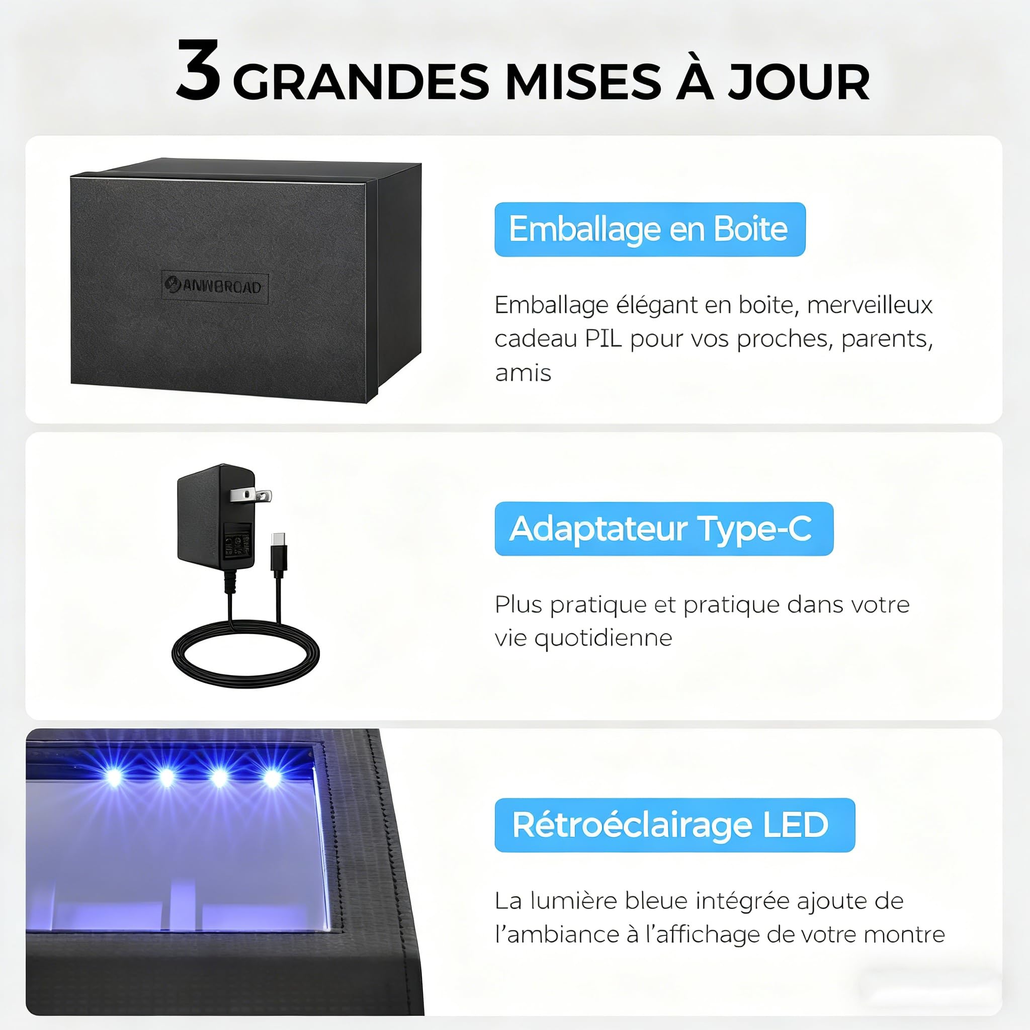 ANWBROAD Remontoir à Montre Ecrins pour Montres Automatiques pour 4 +6 Boîte à Remontoir de Rangement Supersilencieux Luxueux Watch Winder LED Légère 4 Modes de Rotation (Fibre de carbone)