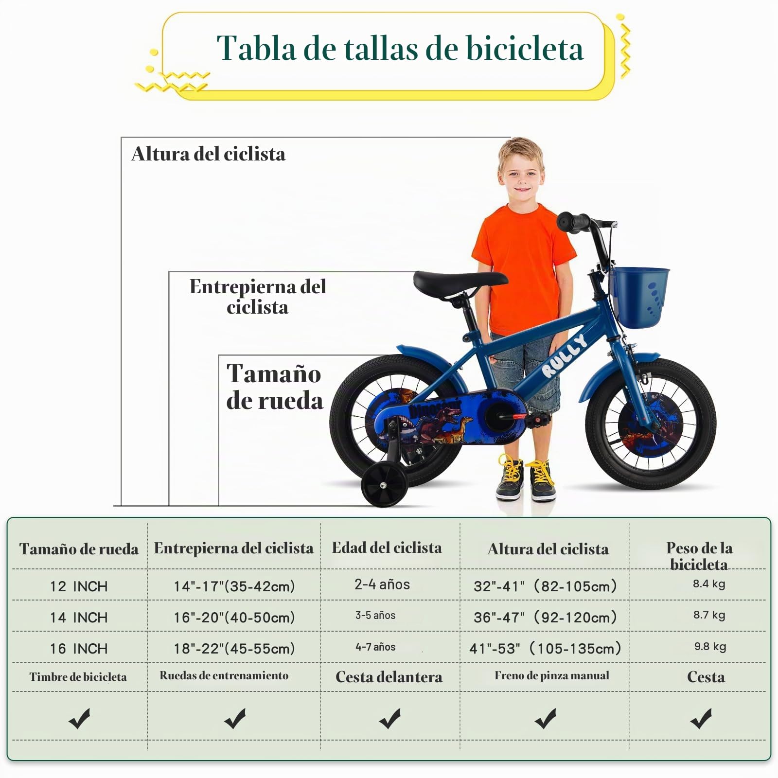 RULLY Dinosaurio Bicicleta para Niños de 2 a 7 Años – Bicicleta Infantil BMX de 12, 14, 16 Pulgadas con Ruedas de Entrenamiento – Bicicleta para Pequeños