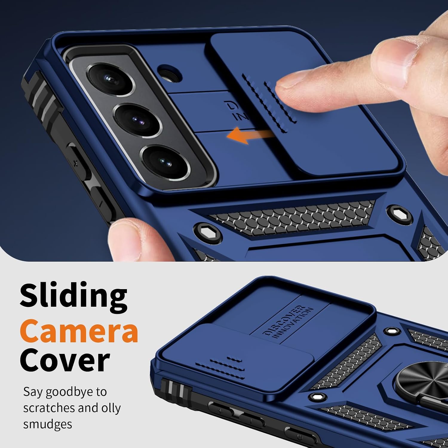 Vinve for Samsung Galaxy S21 Case, Slide Lens Cover, HD Screen Protector, Military Grade Drop Protection, Magnetic Rotated Ring Holder Kickstand Protective Phone Case (Navy Blue)