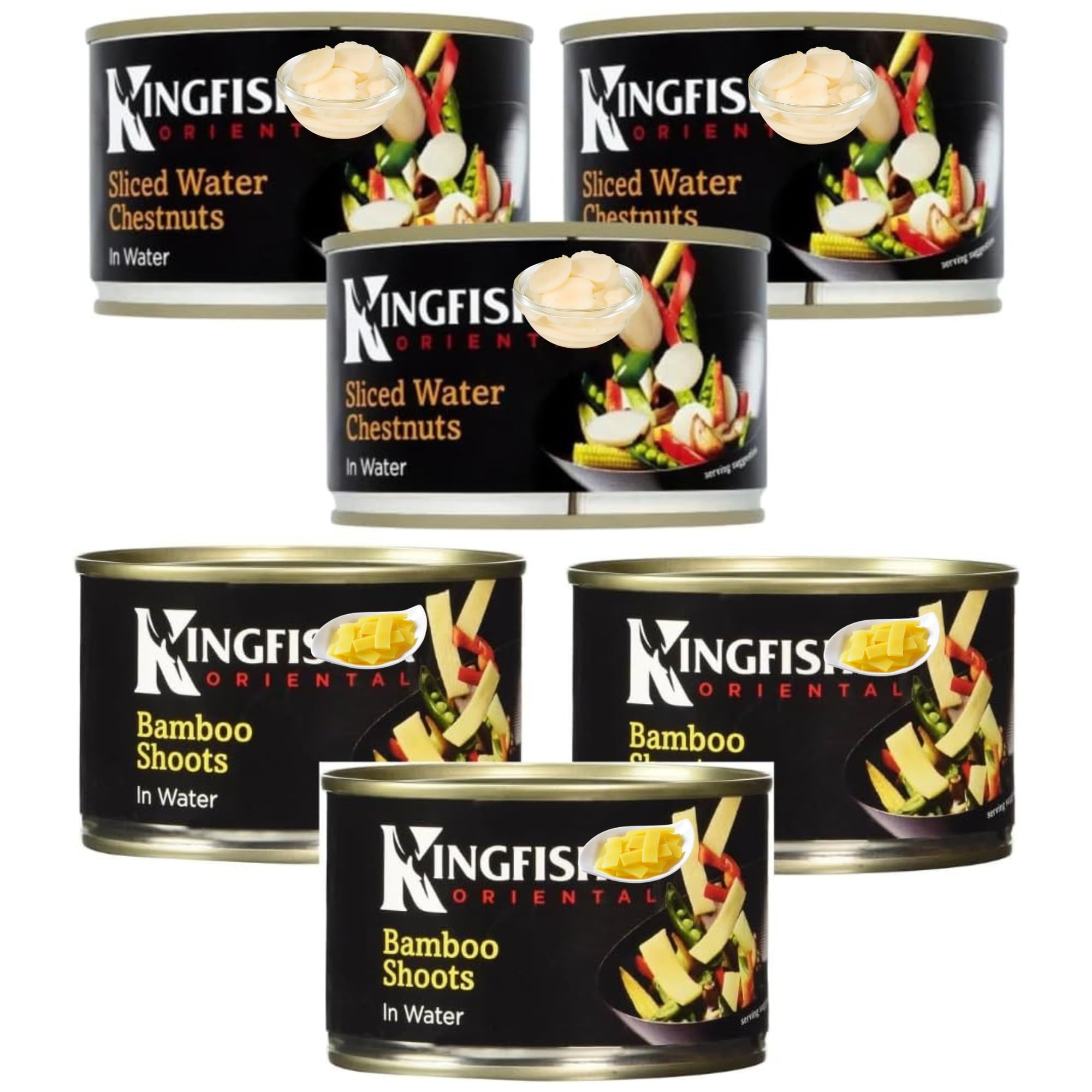 Tinned Sliced Water Chestnuts In Water 225g x3 With Bamboo Shoots In Water 225g x3 (6 Pack Mixed Bundle by King fisher)