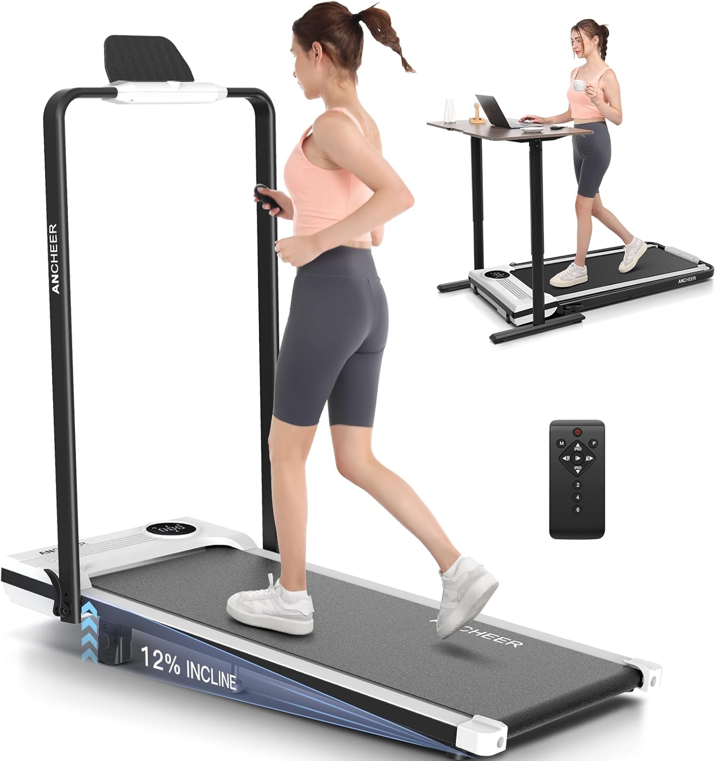 ANCHEER Treadmill with Handles, 3.0 HP Foldable Walking pad with 12% Incline, 320 lbs Capacity-Portable Under Desk Folding Treadmills for Home Small with Widened Belt/Remote Control (Vintage Pink)